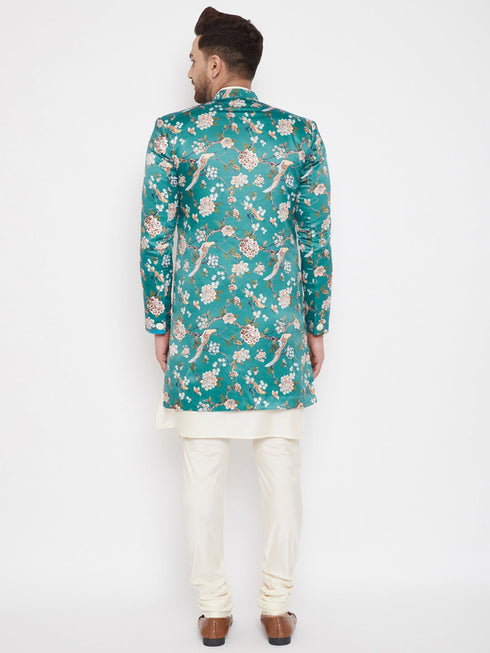 Vastramay Men's Multicolor Base Blue Silk Blend Sherwani With Kurta Pyjama Set